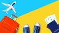 Travel banner, summer holidays, vacation concept, tourism: white airplane, blue sky, orange suitcase, passport, boarding pass Royalty Free Stock Photo