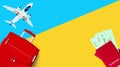 Travel banner, summer holidays, vacation concept, tourism: white airplane, blue sky, suitcase, red passport, plane boarding pass Royalty Free Stock Photo