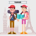 Travel Banner. Tourism Industry. Active People. Girl with Map.