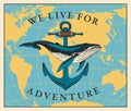 Travel banner with whale, anchor and world map Royalty Free Stock Photo