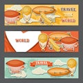 Travel banners with retro air transport. Vintage aerostat airship, blimp and plain in cloudy sky