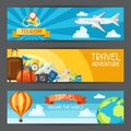 Travel banners. Traveling backgrounds with tourist items
