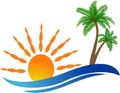 Travel, beach and coconut palm trees on island with wave, logo