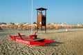 Travel beach Romagna - red rescue boat closeup Royalty Free Stock Photo