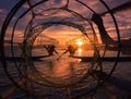 Travel Birma Two Intha Fisherman balancing on one leg while holding their fishing nets above their heads Inle lake Myanmar Royalty Free Stock Photo