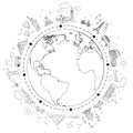 Travel black and white sketch. Earth with attractions and trip transport. Vector illustration.