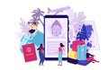 Travel blog concept vector illustration. Travelling symbols with airplane model, smartphone, plane ticket, passport and