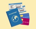 on a travel. a blue passport, ticket, vacation visa. white vector.