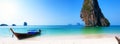 Travel boat on Thailand island beach. Tropical coast Asia landscape background Royalty Free Stock Photo