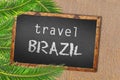 Travel Brazil palm trees and blackboard on sandy beach Royalty Free Stock Photo