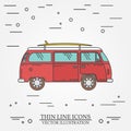 Travel bus family camper with surf board thin line. Traveler truck tourist bus outline icon. RV travel bus grey and white Royalty Free Stock Photo