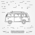 Travel bus family camper with surf board thin line. Royalty Free Stock Photo