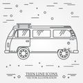 Travel bus family camper thin line. Traveler truck tourist bus outline icon. RV travel bus grey and white vector pictogram isolate Royalty Free Stock Photo