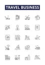Travel business line vector icons and signs. Holidays, Journey, Excursion, Adventure, Vacation, Cruise, Flight, Trips