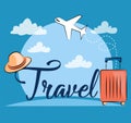 Travel Calligraphy Text, Bag and an Aircraft. Royalty Free Stock Photo