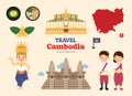 Travel Cambodia flat icons set. khmer element icon map and landmarks symbols and objects collection. Vector Illustration