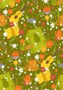 Travel camp seamless vector pattern. Bright childrens texture with hiking. Wallpaper with tent and floral pattern