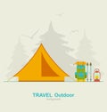 Travel Camping Background with Tourist Tent, Backpack, Lantern and Trekking Pole Royalty Free Stock Photo
