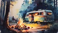 Camping with campervan in wilderness and log fire watercolor