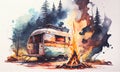 Camping with campervan in wilderness and log fire watercolor