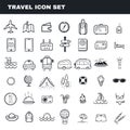 Travel and camping theme flat outline vector icon set