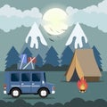 Travel car campsite place landscape. Mountains, night forest, bi