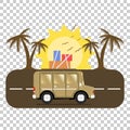 Travel car campsite place landscape. Palm, birds, sun, beach, an