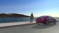 Travel by car, panorama. Sea and islands, coasts. Sports and modern car parked by the sea