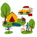 Travel by car, tourist vacation. Camping. Mom is going to ride a bike, Dad is pitching a tent, the girl is playing badminton.