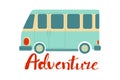 Travel by car. Vector cartoon illustration of colorful van with and slogan time to adventure. Bus Isolated on white background Royalty Free Stock Photo