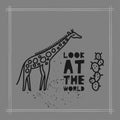 Travel card concept with giraffe and text `look at the world` Doodle style