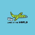 Travel card concept with plane and text `look at the world` Doodle style