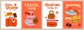 Travel cards. Summer vacation cartoon posters design. Tourist accessories and trip elements. Tropical voyage. Suitcases