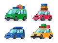 Travel cars. Car with tourism gear and baggage for family travels. Hybrid passenger vehicle flat vector illustration set