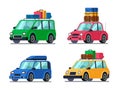 Travel cars. Car with tourism gear and baggage for family travels. Hybrid passenger vehicle flat vector illustration set