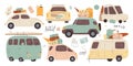 Travel cars flat illustrations set. Different vans with suitcases, umbrella, surfboard, map and ticket design elements