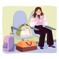 Travel with cat in carrier box, girl sitting in chair with phone, kitten inside container