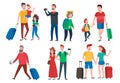 Travel characters. Travelling group, family couple holiday vacation and sightseeing travels tourists cartoon vector set Royalty Free Stock Photo
