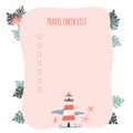 Travel check list. Lighthouse and palm leaves cartoon hand drawn illustration Royalty Free Stock Photo