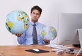 Travel, choice or businessman with globe, earth or worldwide destination for trip in office. Agent, computer or