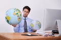 Travel, choice or confused businessman with planet, earth or worldwide destination for trip in office. Computer, holiday