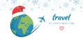 travel at chriatmas time airplane and globe with snowflake border