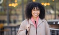 Travel, city and portrait of black woman with smile enjoying morning, freedom and urban commute in London. Business Royalty Free Stock Photo