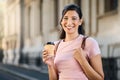 Travel, coffee and woman portrait by a city building with freedom on a urban adventure in Italy. Relax, smile and