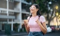 Travel, coffee and woman walking in a city building with freedom on a urban adventure in Italy. Relax, smile and morning Royalty Free Stock Photo