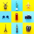 Travel collage concept with world symbols and icons. Top view Royalty Free Stock Photo