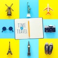 Travel collage concept with world symbols and icons. Top view