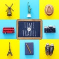 Travel collage concept with world symbols and icons. Top view Royalty Free Stock Photo