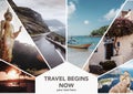 Travel collage. Europe and Asia, vacation adventure concept. Can used for cover design, brochures, flyers. With space for text