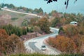 Yellowed leaves and winding roads in autumn